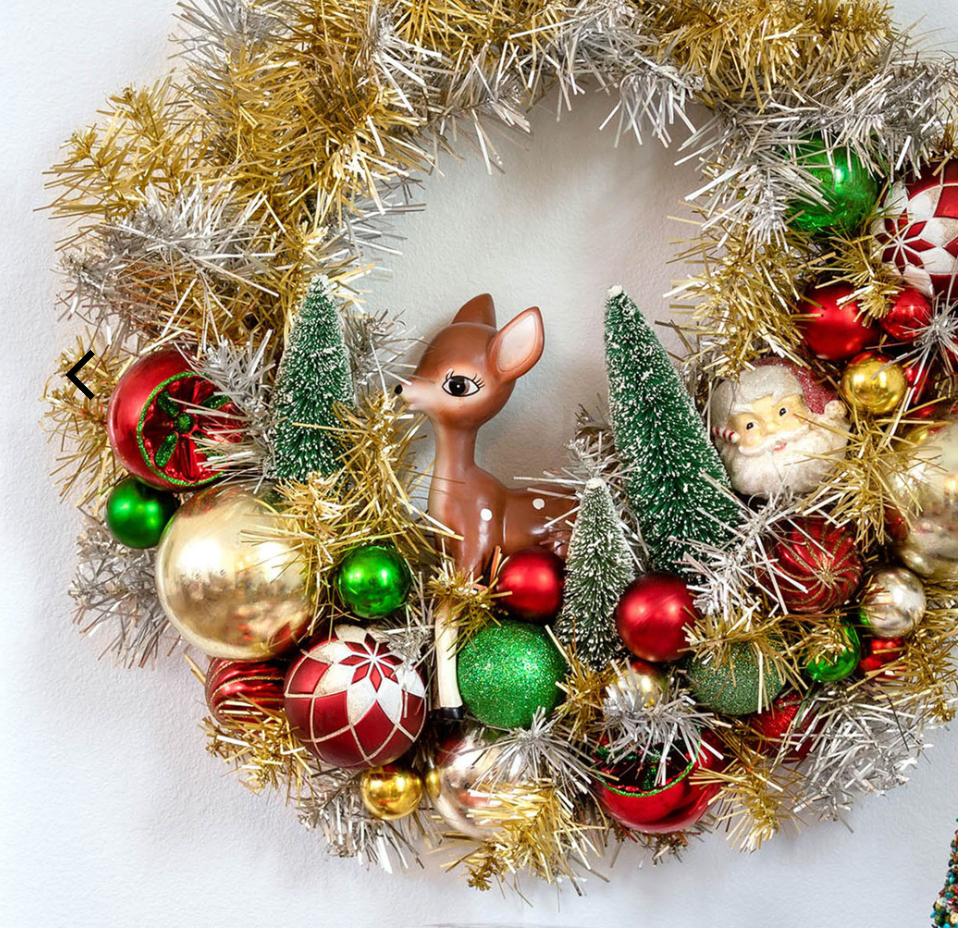 The Canton Christmas Shop Retro Tinsel Wreath with Santa and Reindeer from Park Hill Collection closeup view