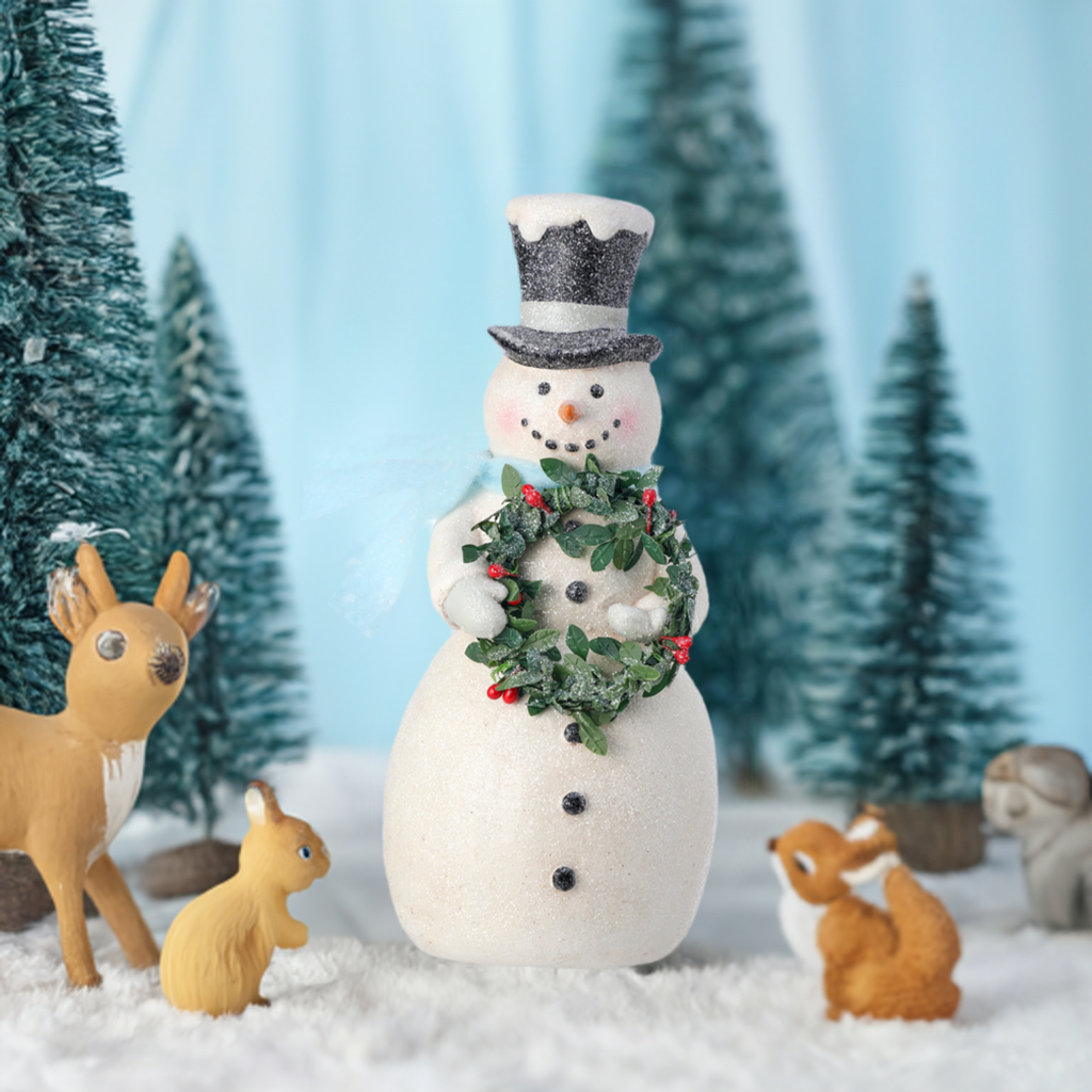 The Canton Christmas Shop 8.5 inch glittery snowman with wreath Christmas Snow Blue Winter Figurine in forest with animals