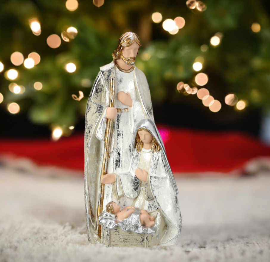 The Canton Christmas Shop 19 1/2" Paperstone Metallic Holy Family Nativity Set under Christmas tree